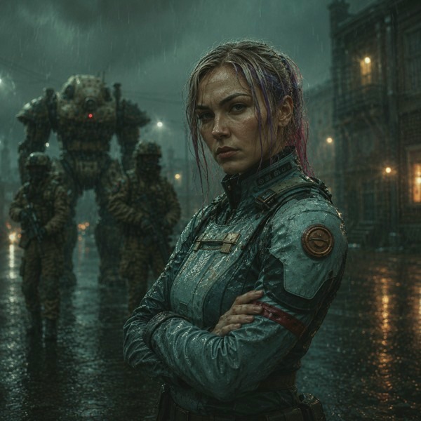 Continuity faction - an officer in blue with armored troops behind her