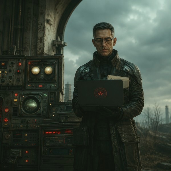 Sublimate faction - a scientist with a laptop among salvaged tech